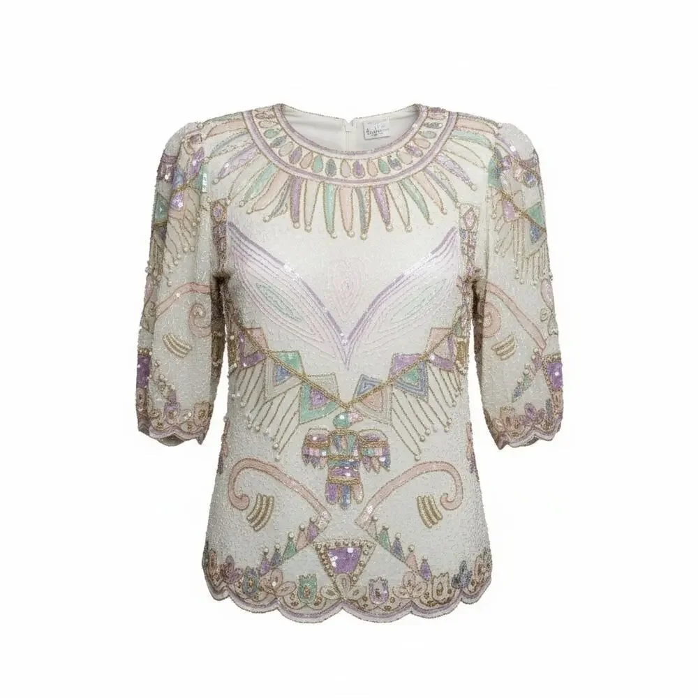 Vintage Beaded Silk Scallop Hem Pastel Sequin Top India Gold Blue Pink Purple M - Picture 2 of 7